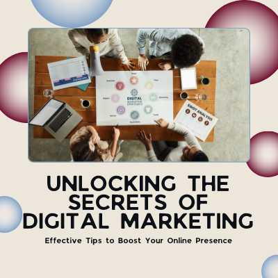 A group of professionals collaborating at a wooden table with a digital marketing strategy chart displayed, surrounded by laptops and documents.